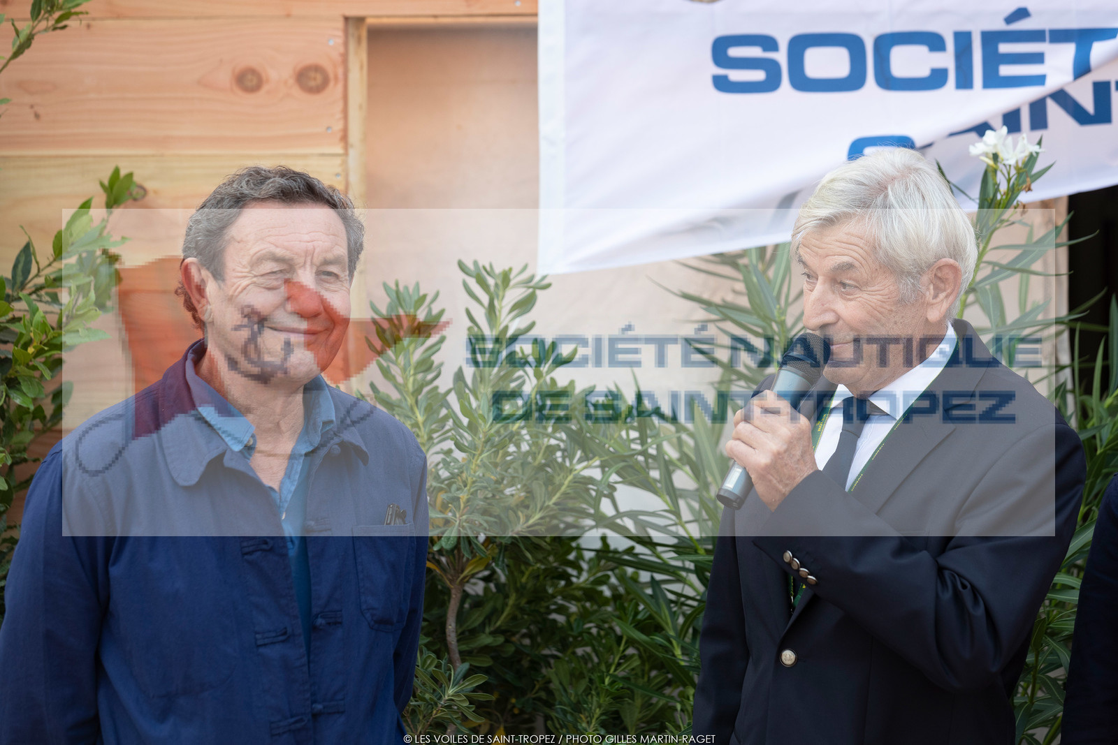 26 09 2021, Saint-Tropez (FRA,83, Voiles de Saint-Tropez 2021, inauguration du village, Ptrice de Colmont (fondateur de la Nioulargue), Pierre Roinson (Pdt SNST)